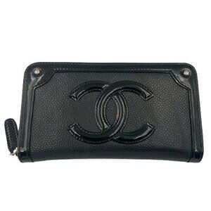 Chanel round zipper compact wallet black Coco mark leather